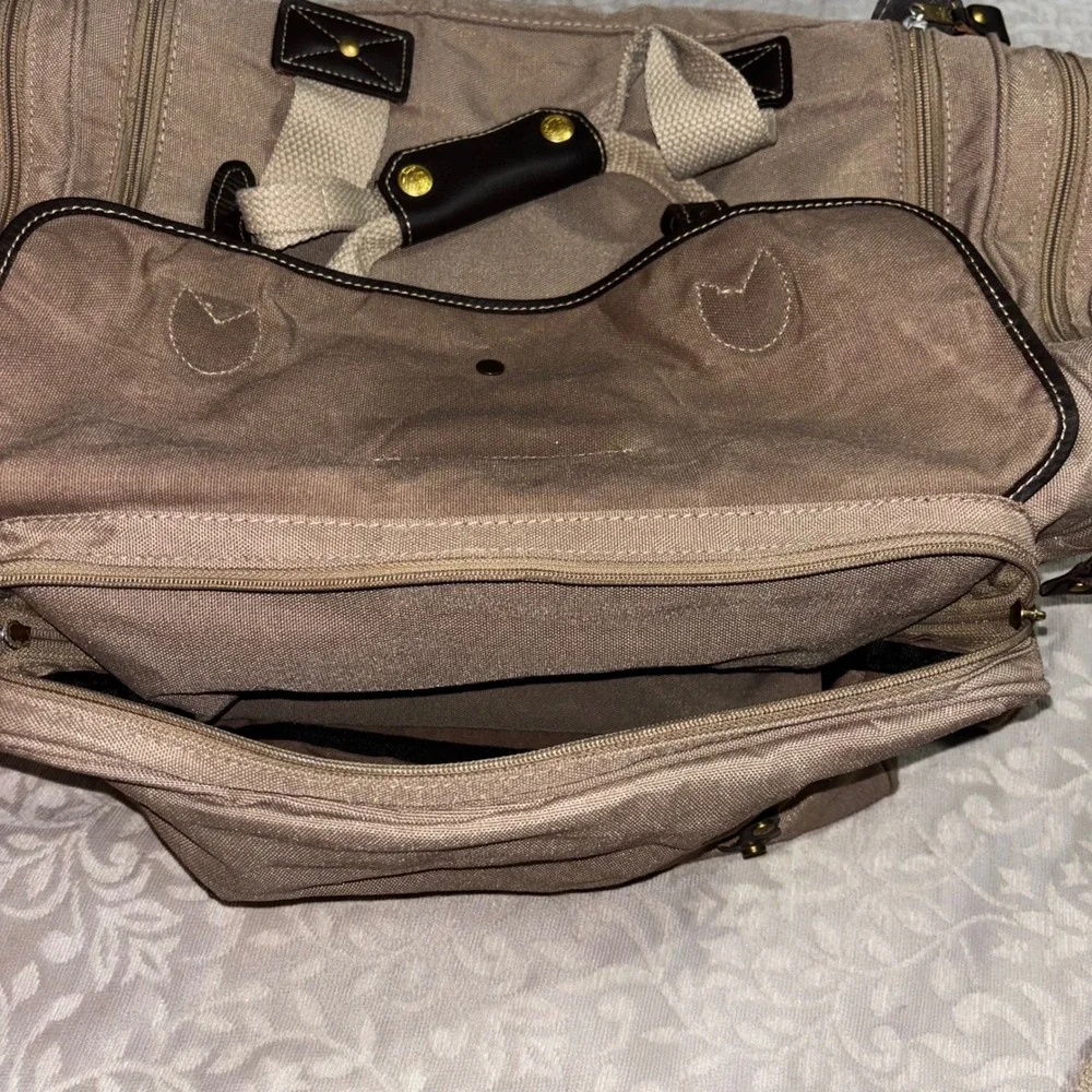 Eddie Bauer Ford Canvas Leather Trim Duffel Bag Weekender Travel Brown Luggage